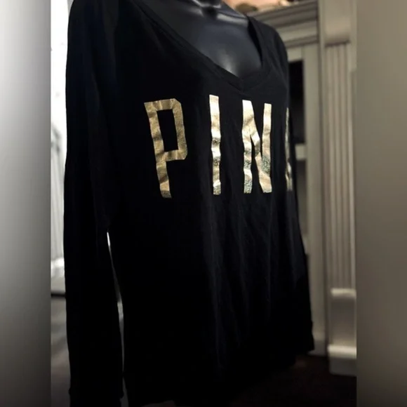 Victoria’s Secret PINK black and gold long sleeve T-shirt, size Small - Picture 2 of 7